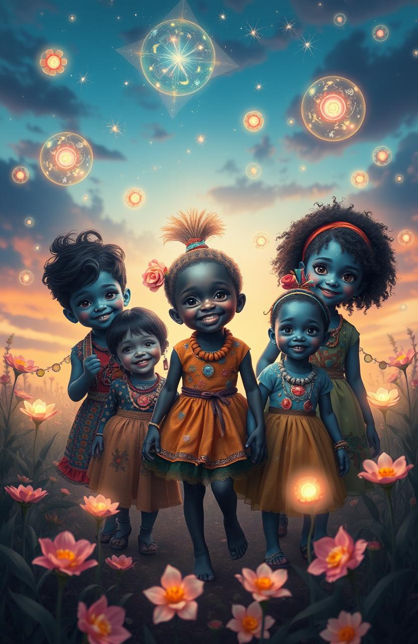 A surreal and whimsical interpretation of 'Indigo's Children', featuring a group of children with vivid indigo skin tones, radiant eyes, and unique hairstyles, dressed in colorful, eclectic clothing inspired by various cultures