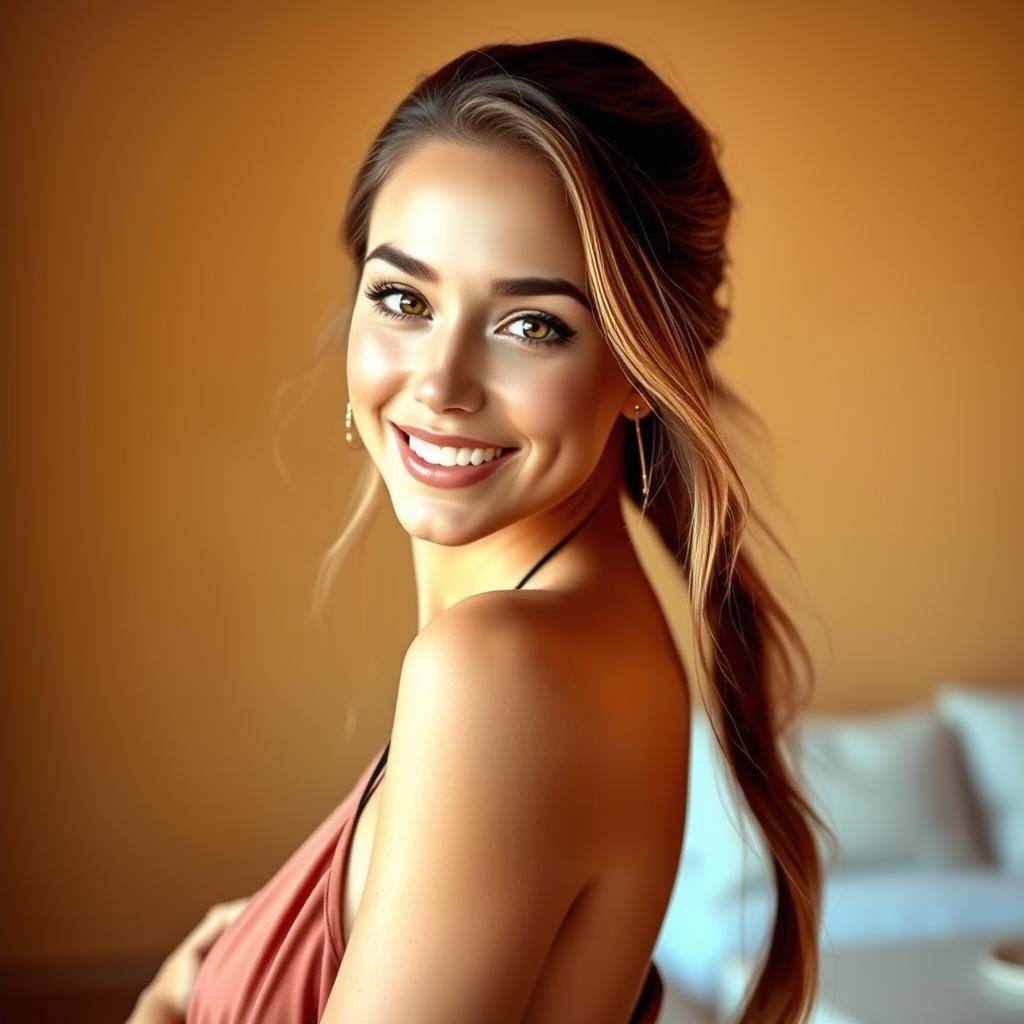 A realistic image of a beautiful young woman with a graceful and confident presence