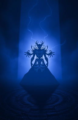 Shadows of powerful beings looming in a mystical environment, depicted in deep indigo hues
