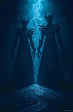 Shadows of powerful beings looming in a mystical environment, depicted in deep indigo hues
