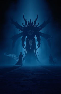 Shadows of powerful beings looming in a mystical environment, depicted in deep indigo hues