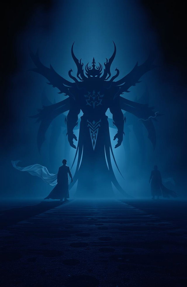 Shadows of powerful beings looming in a mystical environment, depicted in deep indigo hues