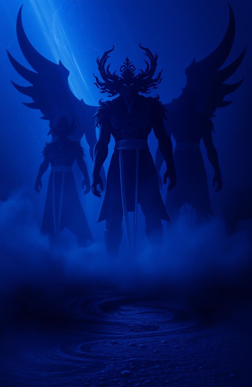 Shadows of powerful beings looming in a mystical environment, depicted in deep indigo hues