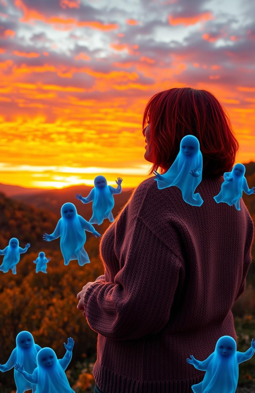 A curvy woman with vibrant red shoulder-length hair wearing a cozy sweater stands in awe as she watches a stunning sunset over a picturesque hilly autumn scene in Texas