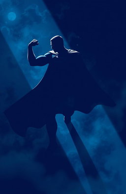 An imaginative representation of shadows cast by a powerful superhero, vividly depicted in deep indigo color