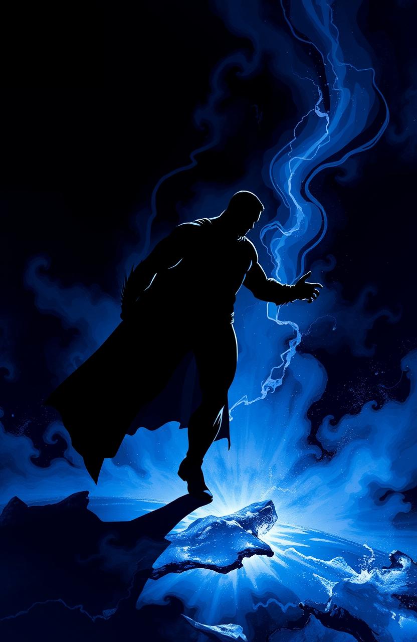 An imaginative representation of shadows cast by a powerful superhero, vividly depicted in deep indigo color