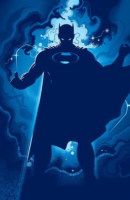 An imaginative representation of shadows cast by a powerful superhero, vividly depicted in deep indigo color