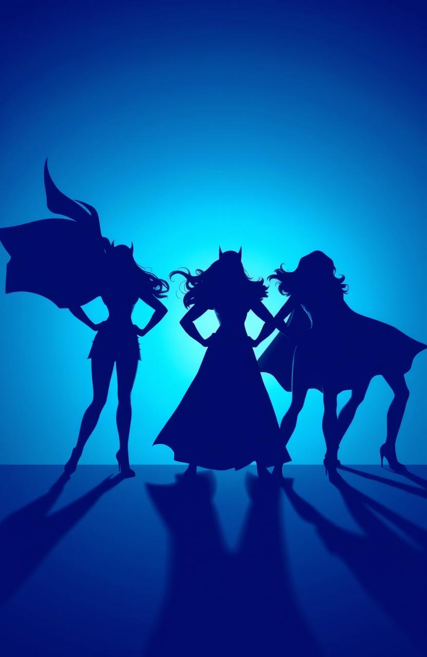 A vibrant and dynamic image featuring the striking shadows of powerful superheroes and heroines against a dramatic indigo backdrop