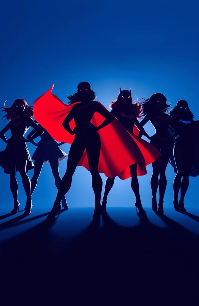 A vibrant and dynamic image featuring the striking shadows of powerful superheroes and heroines against a dramatic indigo backdrop