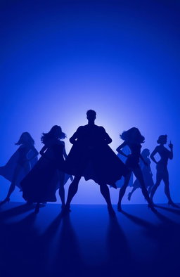 A vibrant and dynamic image featuring the striking shadows of powerful superheroes and heroines against a dramatic indigo backdrop