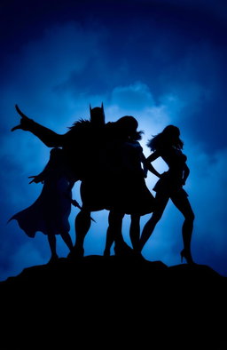 A vibrant and dynamic image featuring the striking shadows of powerful superheroes and heroines against a dramatic indigo backdrop