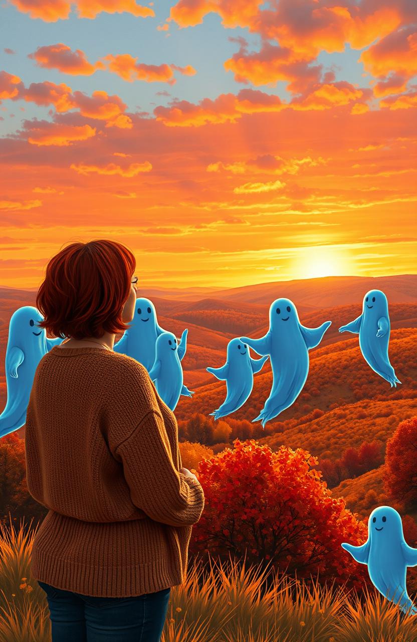 A curvy woman with shoulder-length red hair, wearing a cozy sweater, stands on a hill, watching a stunning sunset over an autumn landscape in Texas