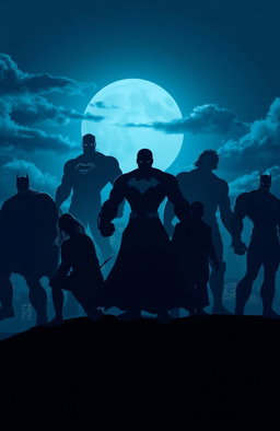 Silhouettes of powerful superheroes, depicted in an indigo color palette
