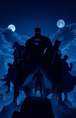 Silhouettes of powerful superheroes, depicted in an indigo color palette