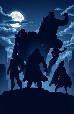 Silhouettes of powerful superheroes, depicted in an indigo color palette