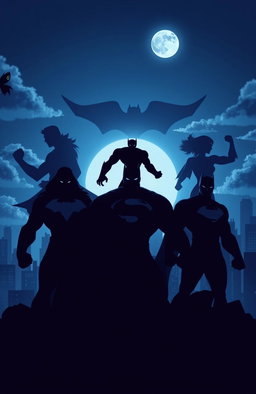 Silhouettes of powerful superheroes, depicted in an indigo color palette