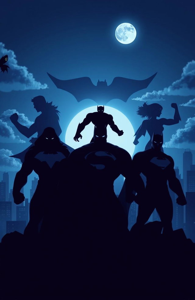 Silhouettes of powerful superheroes, depicted in an indigo color palette