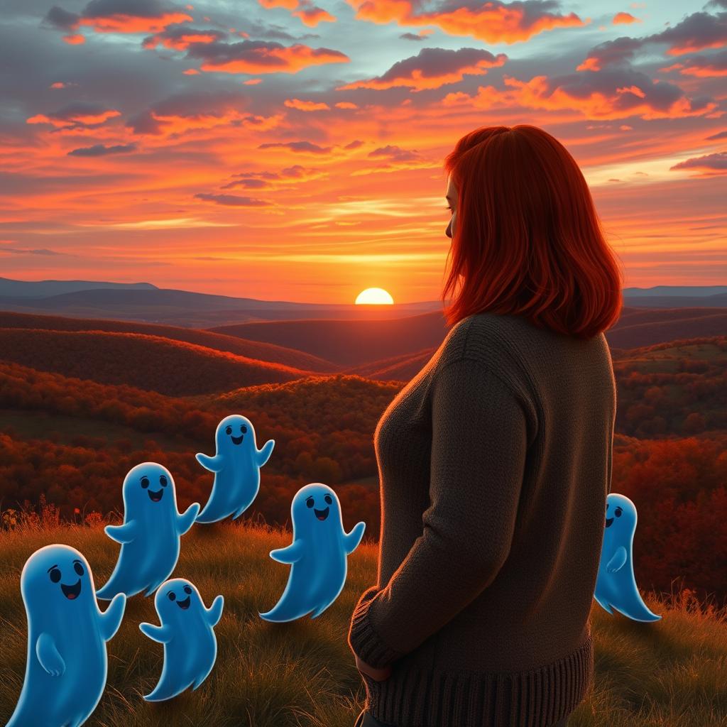 A curvy woman with shoulder-length red hair, dressed in a cozy sweater, stands on a hill, watching a beautiful sunset over an autumn landscape in Texas