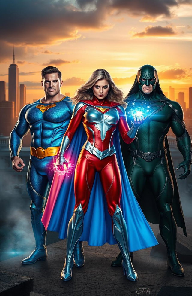 A dynamic scene showcasing powerful superheroes in shades, each representing a different color theme