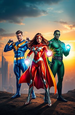 A dynamic scene showcasing powerful superheroes in shades, each representing a different color theme