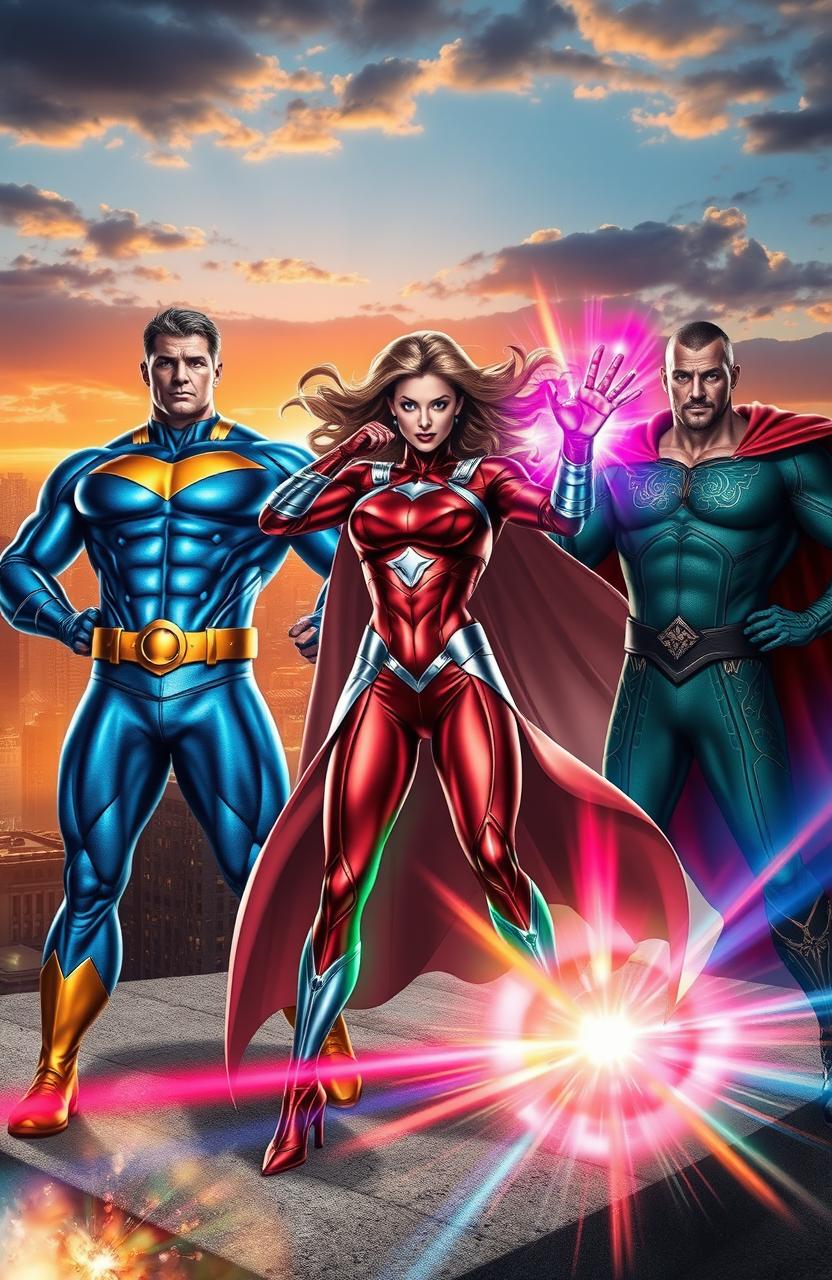 A dynamic scene showcasing powerful superheroes in shades, each representing a different color theme