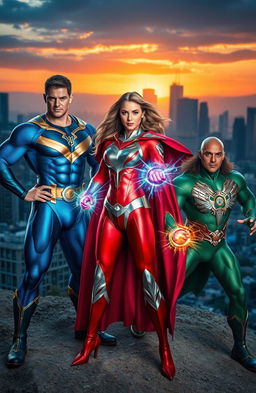 A dynamic scene showcasing powerful superheroes in shades, each representing a different color theme