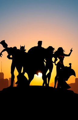 Silhouettes of powerful superheroes in dynamic poses, showcasing a diverse group of male and female heroes, with capes billowing and stances conveying strength and determination