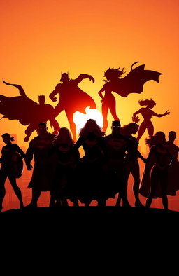 Silhouettes of powerful superheroes in dynamic poses, showcasing a diverse group of male and female heroes, with capes billowing and stances conveying strength and determination