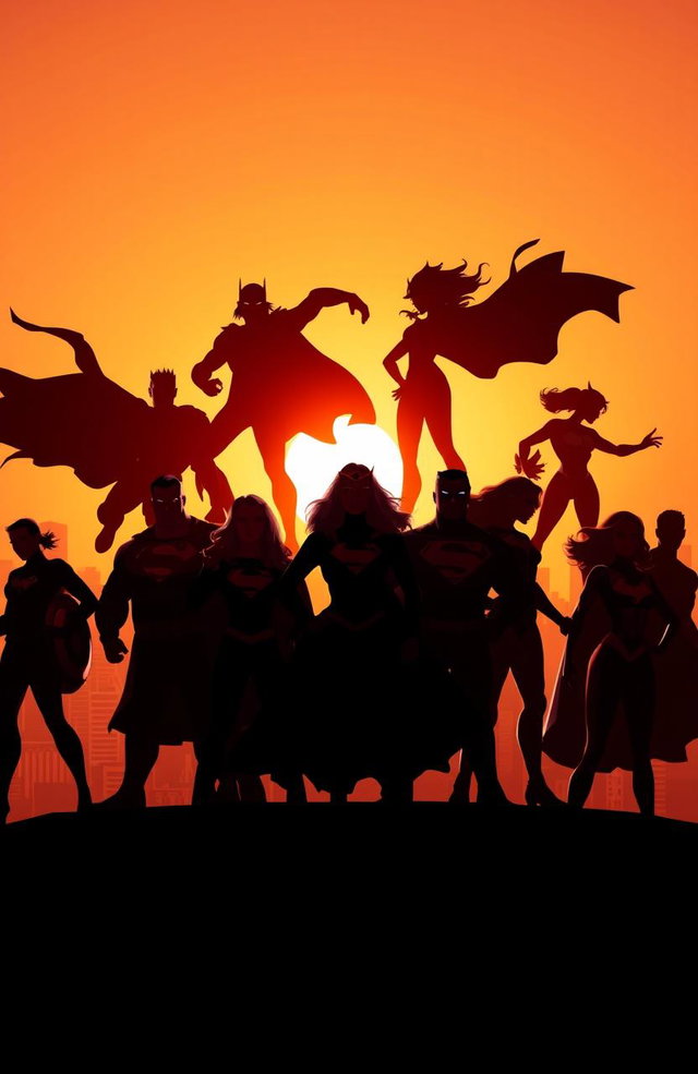 Silhouettes of powerful superheroes in dynamic poses, showcasing a diverse group of male and female heroes, with capes billowing and stances conveying strength and determination