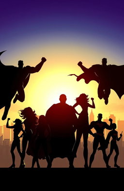 Silhouettes of powerful superheroes in dynamic poses, showcasing a diverse group of male and female heroes, with capes billowing and stances conveying strength and determination