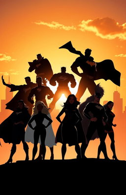 Silhouettes of powerful superheroes in dynamic poses, showcasing a diverse group of male and female heroes, with capes billowing and stances conveying strength and determination