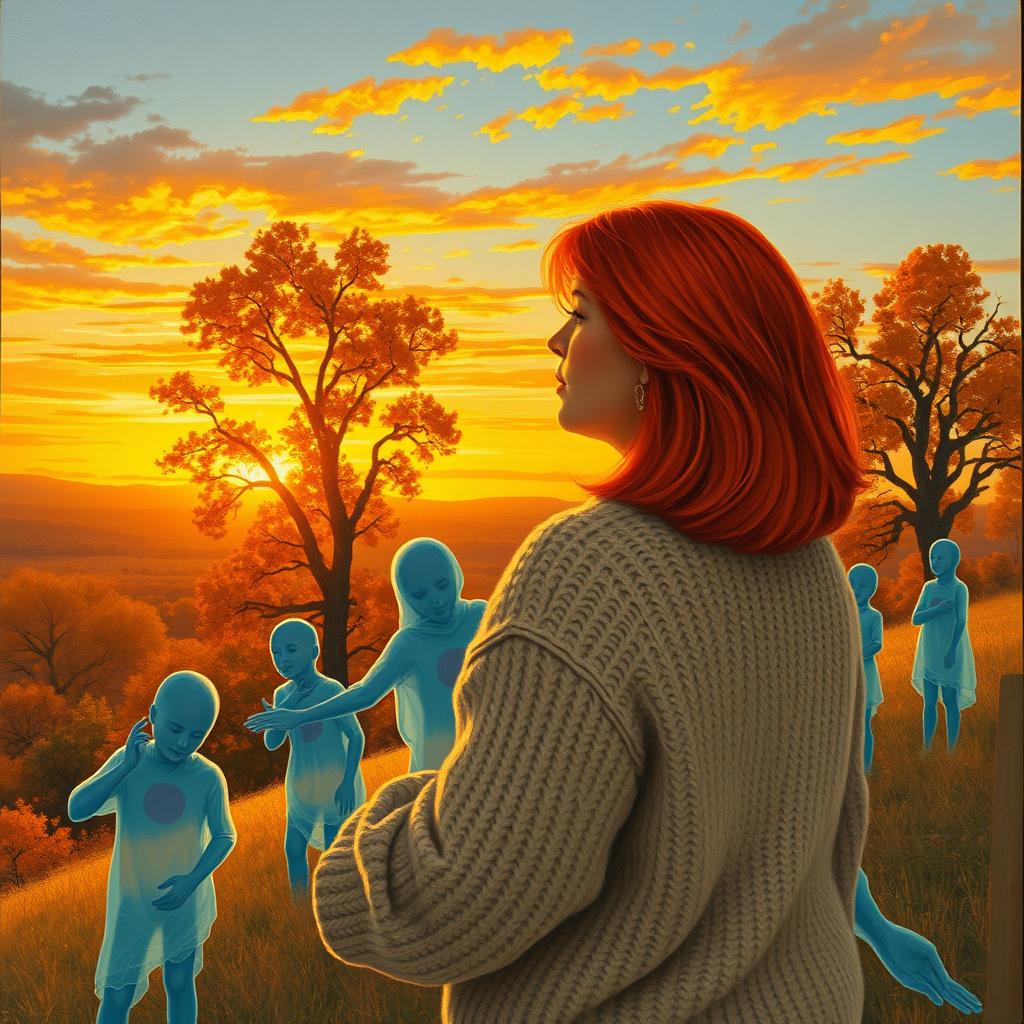 A curvy woman with vibrant red shoulder-length hair, wearing a cozy sweater, stands on a hilltop in Texas, gazing at the breathtaking sunset