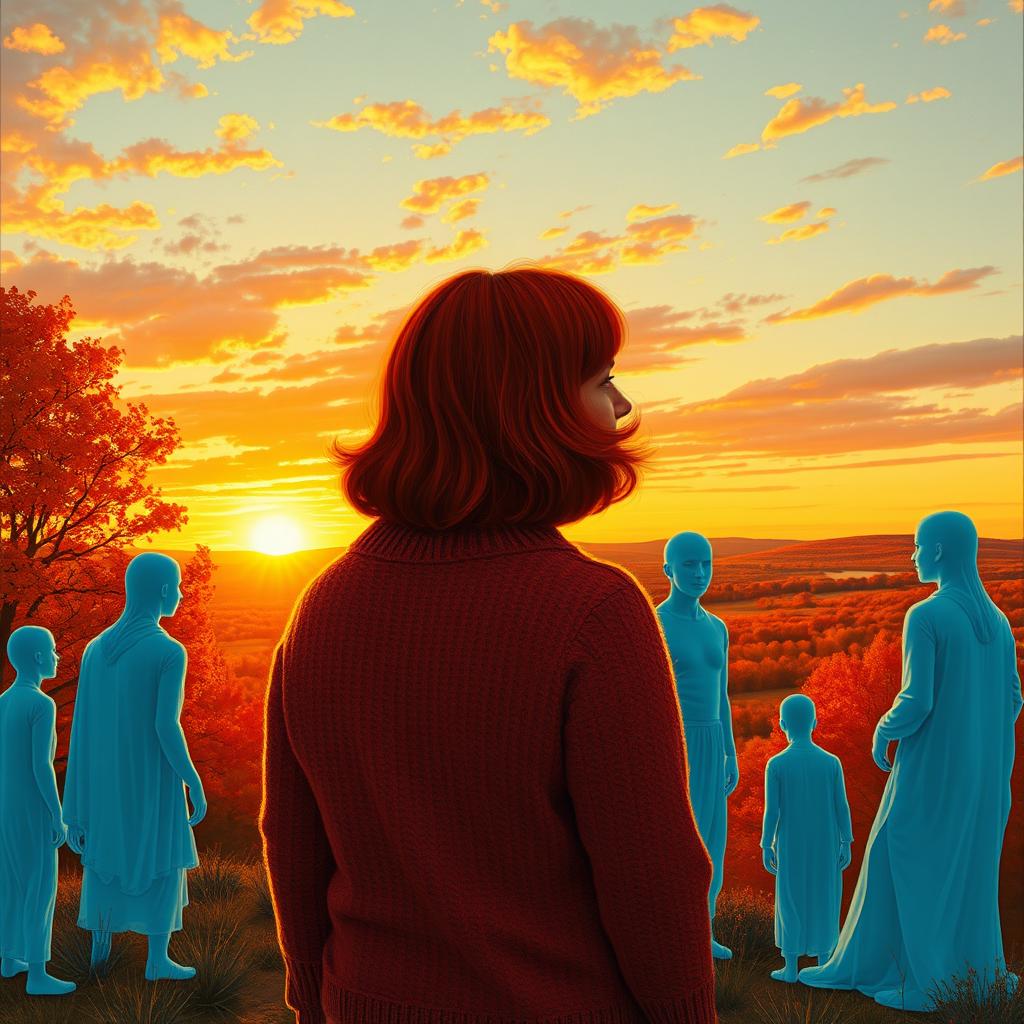 A curvy woman with striking red shoulder-length hair, dressed in a warm sweater, stands on a picturesque hilltop in Texas, admiring the stunning sunset over a vibrant autumn landscape