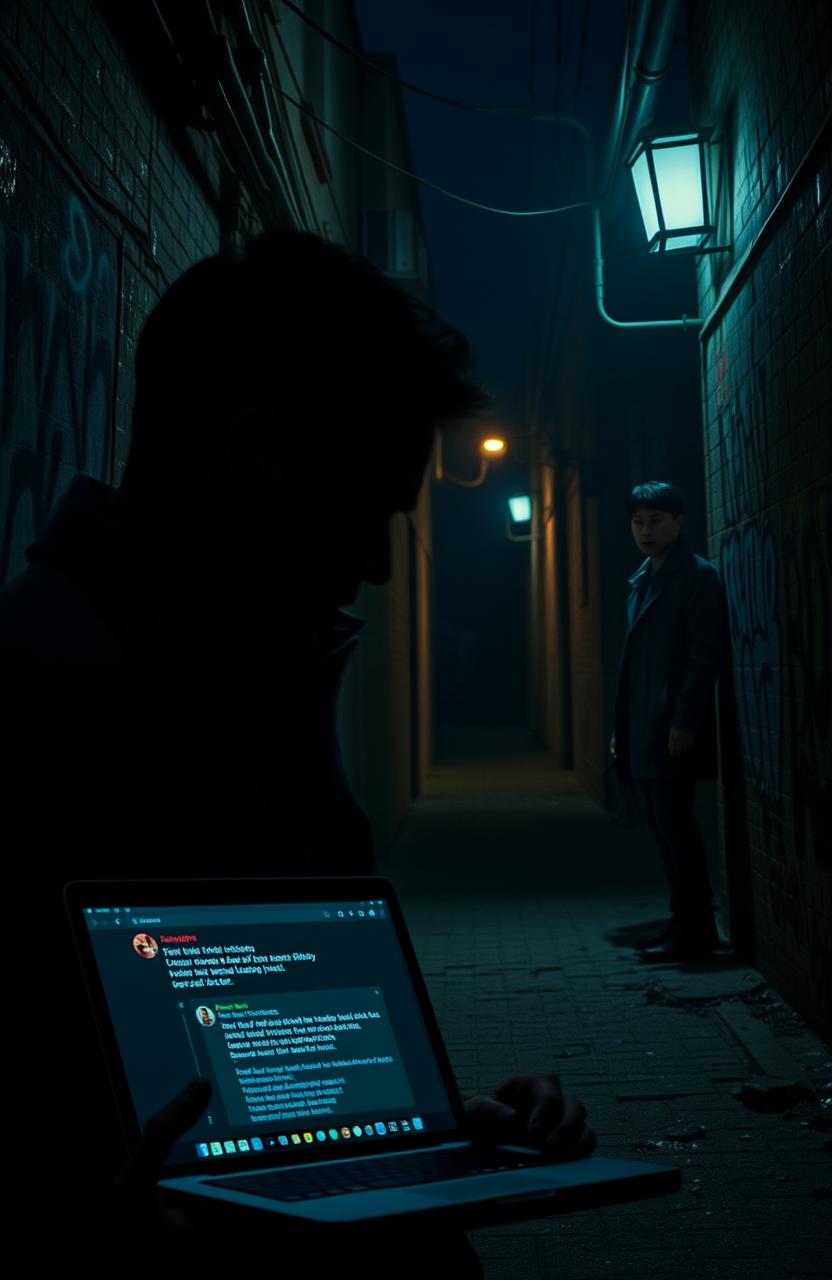 A gripping scene set in a dark, atmospheric urban environment, capturing the tension between a vigilante man and investigator Kenzo Osako
