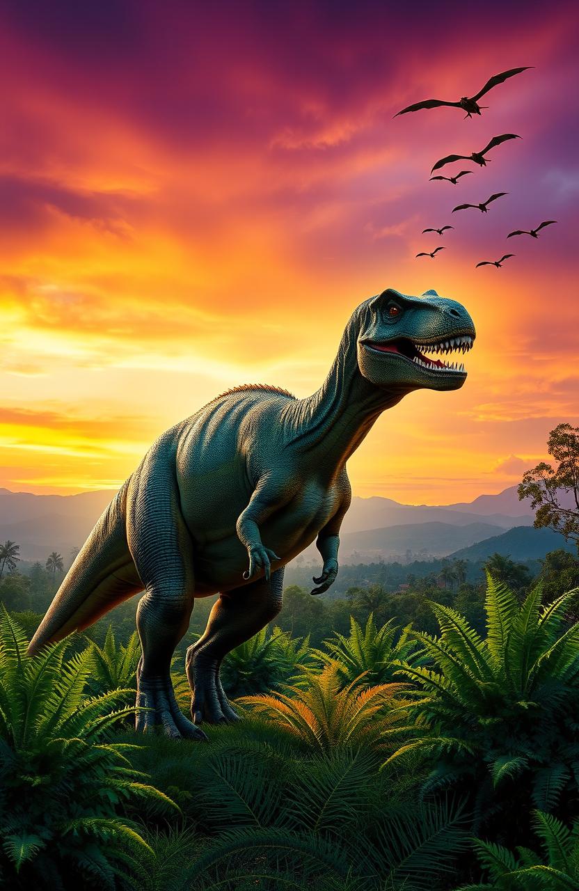 A majestic Tyrannosaurus Rex standing in a prehistoric landscape, surrounded by lush greenery and ferns