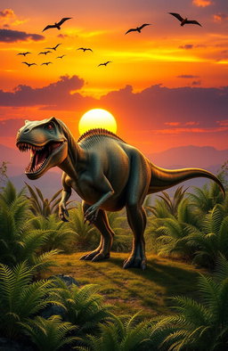 A majestic Tyrannosaurus Rex standing in a prehistoric landscape, surrounded by lush greenery and ferns