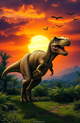 A majestic Tyrannosaurus Rex standing in a prehistoric landscape, surrounded by lush greenery and ferns