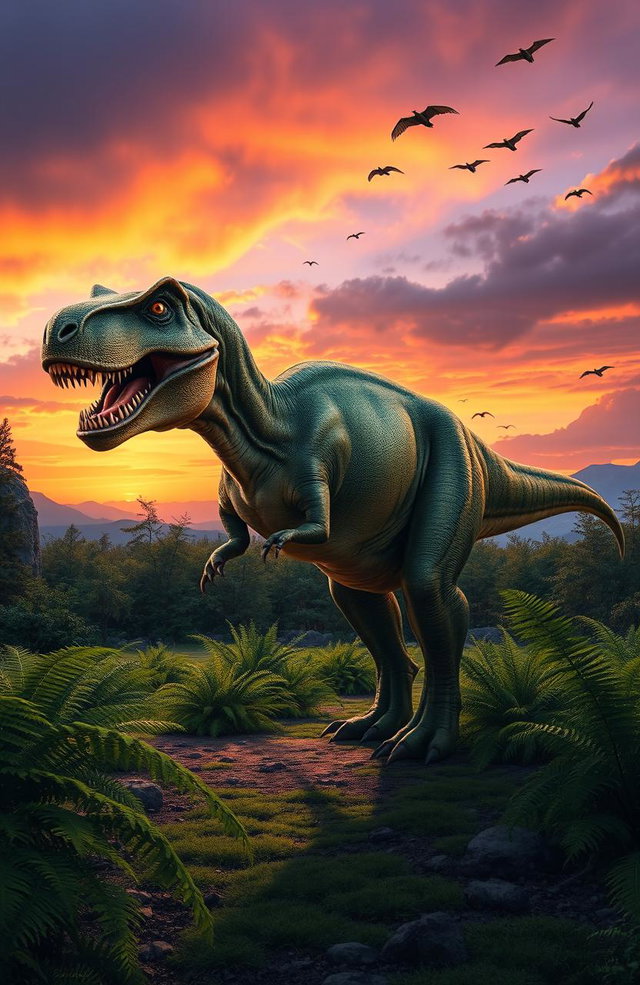 A majestic Tyrannosaurus Rex standing in a prehistoric landscape, surrounded by lush greenery and ferns