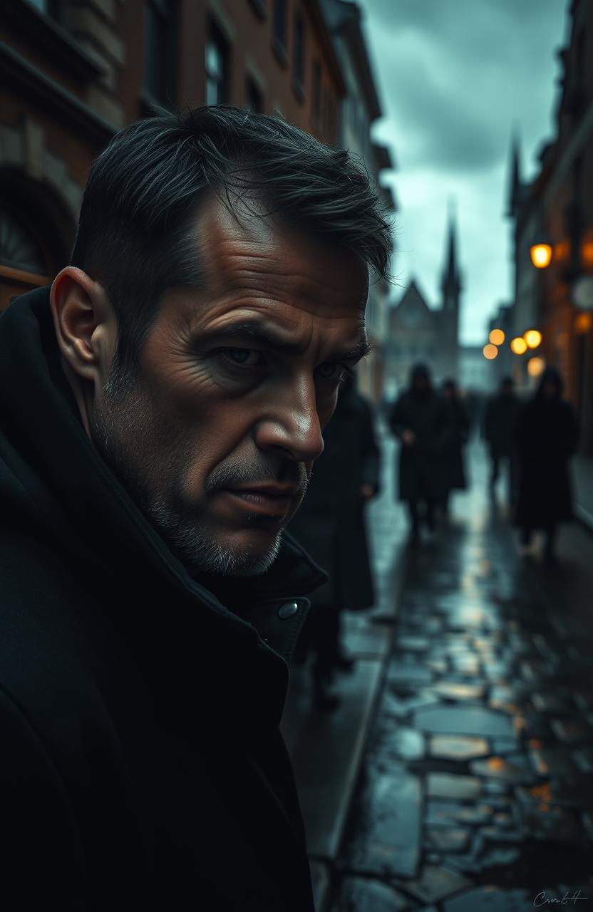 A suspenseful and intense scene set in Bremen, Germany, depicting a man on a mission for revenge as he confronts each of the men responsible for driving his sister to suicide through hurtful online comments