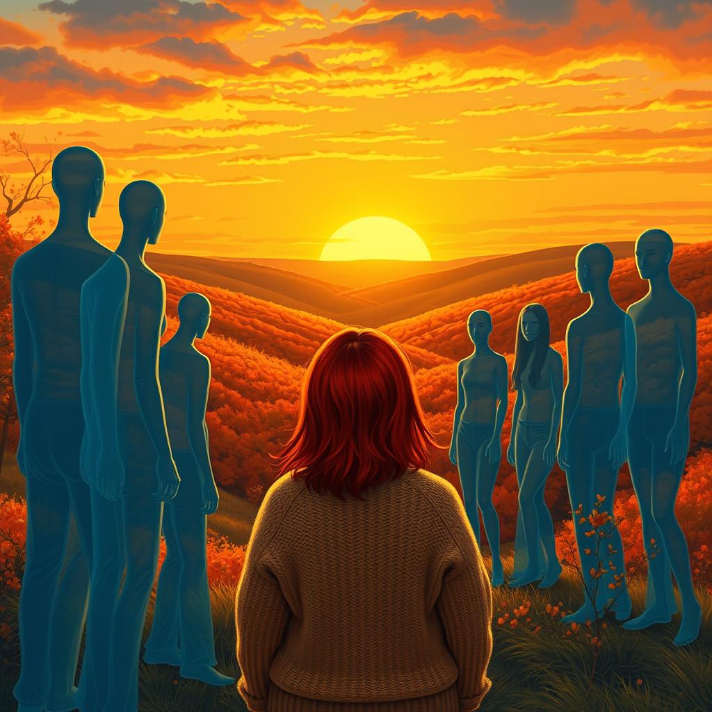 A curvy woman with striking red shoulder-length hair stands, dressed in a cozy sweater, watching a stunning sunset over a hilly autumn landscape in Texas