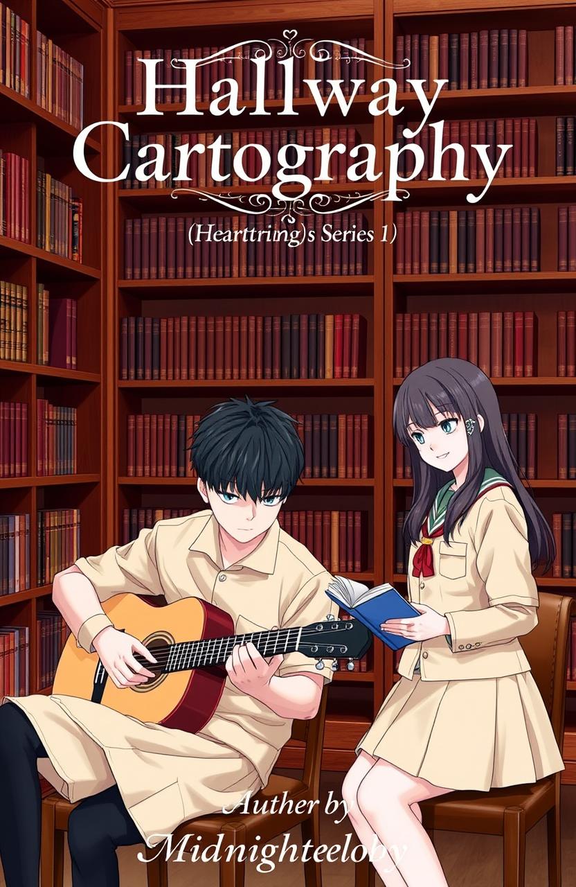 Two students in beige uniforms seated in a school library