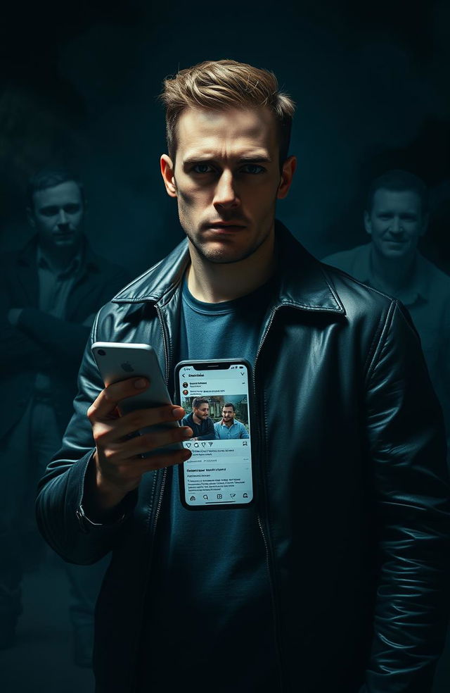 A dramatic and intense scene depicting a man on a revenge mission, standing against a dark, moody backdrop