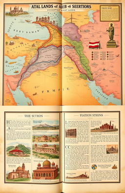 A richly detailed map illustrating the historical context of usurped Arab lands throughout the centuries, showcasing vibrant colors for different regions, including deserts, mountains, and urban areas