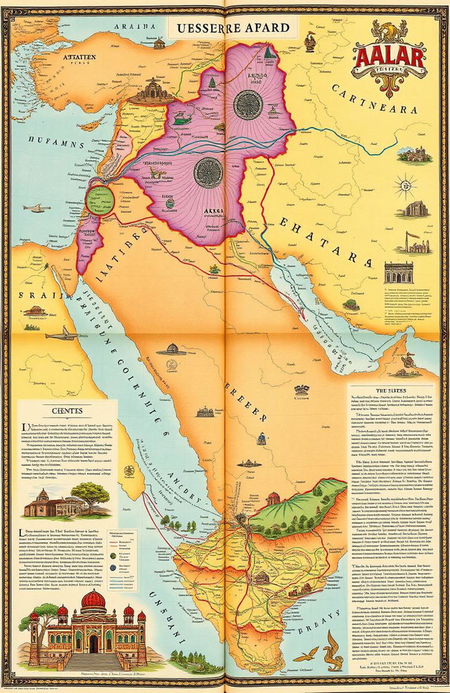 A richly detailed map illustrating the historical context of usurped Arab lands throughout the centuries, showcasing vibrant colors for different regions, including deserts, mountains, and urban areas