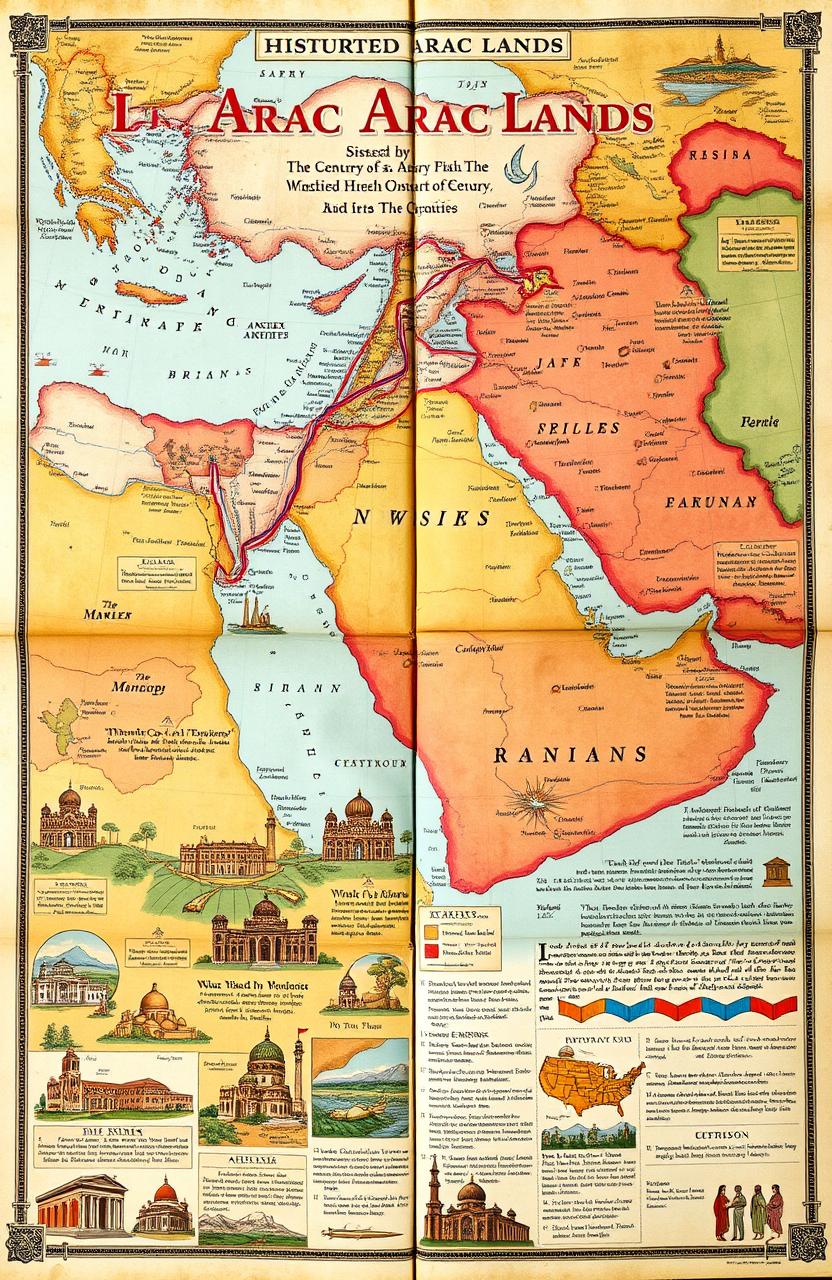 A richly detailed map illustrating the historical context of usurped Arab lands throughout the centuries, showcasing vibrant colors for different regions, including deserts, mountains, and urban areas