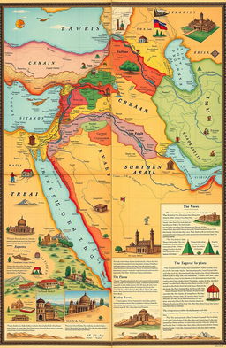 A richly detailed map illustrating the historical context of usurped Arab lands throughout the centuries, showcasing vibrant colors for different regions, including deserts, mountains, and urban areas
