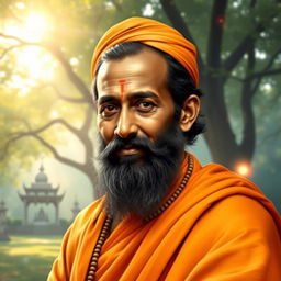 A serene and spiritually uplifting portrait of Ramkrishna Paramhans, depicted as an Indian mystic and saint from the 19th century