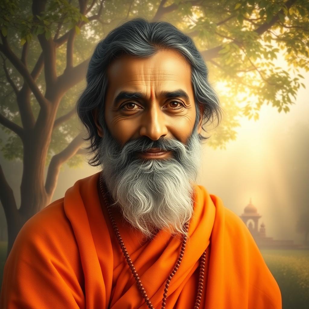 A serene and spiritually uplifting portrait of Ramkrishna Paramhans, depicted as an Indian mystic and saint from the 19th century