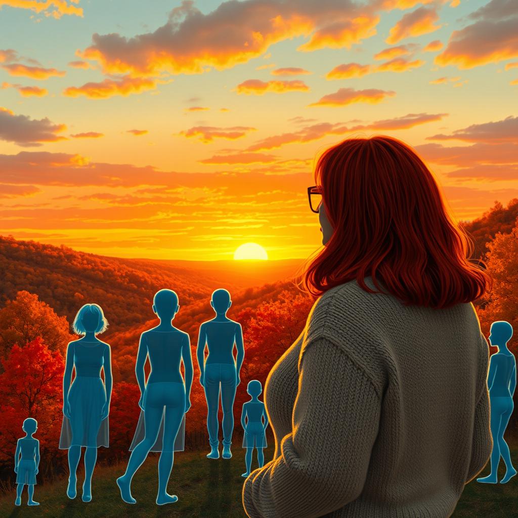A curvy woman with beautiful red shoulder-length hair, dressed in a cozy sweater, stands admiring the captivating sunset over a hilly autumn landscape in Texas