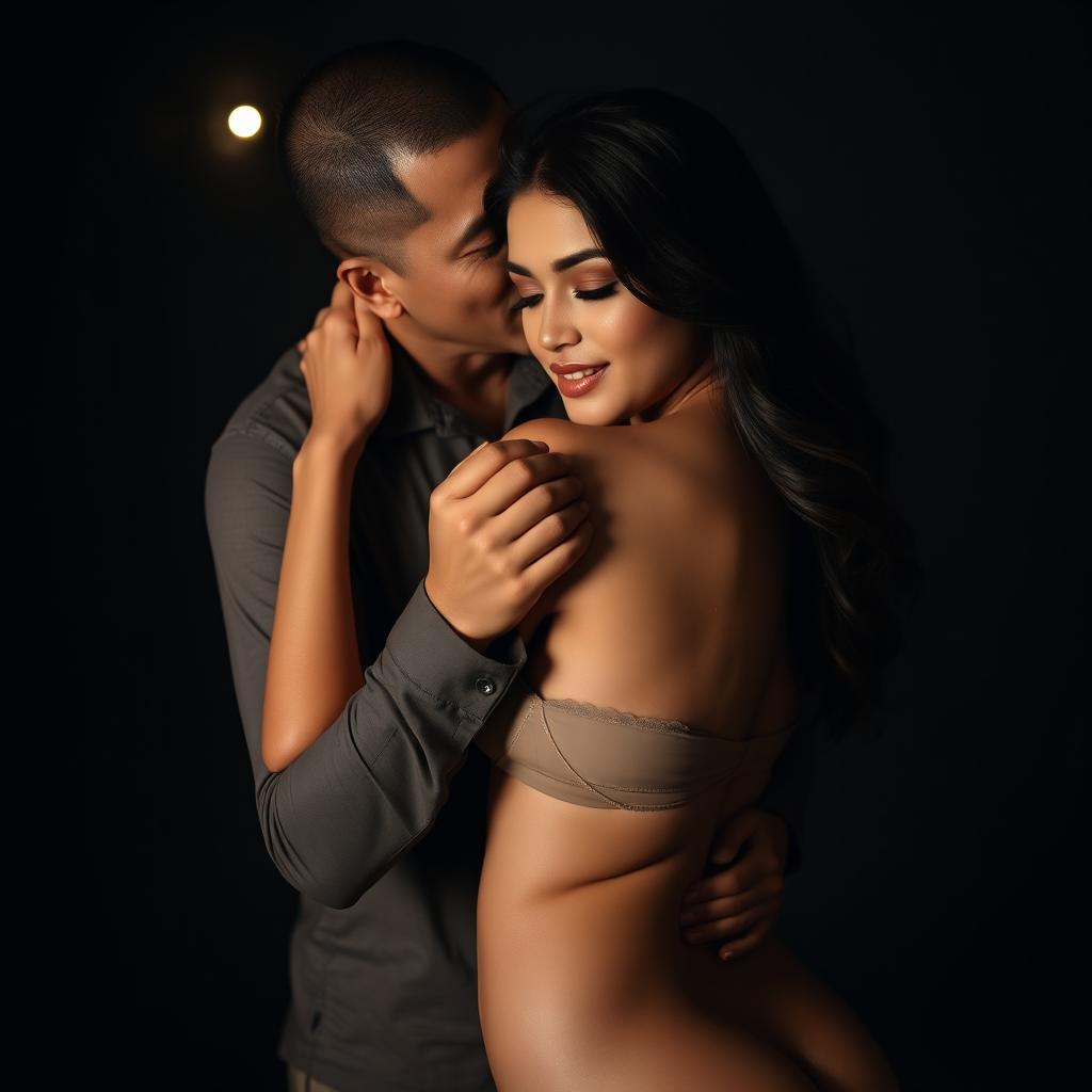 A 37-year-old Indonesian man with pure white skin is affectionately hugging a beautiful 28-year-old woman from behind, embodying a combination of warmth and intensity